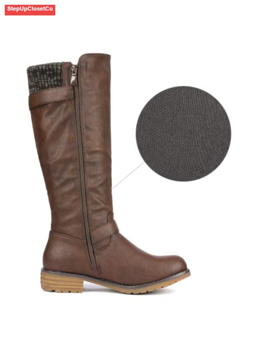 Womens Knee High Riding Boots Double Buckle Faux Leather Side Zip - Picture 2 of 6